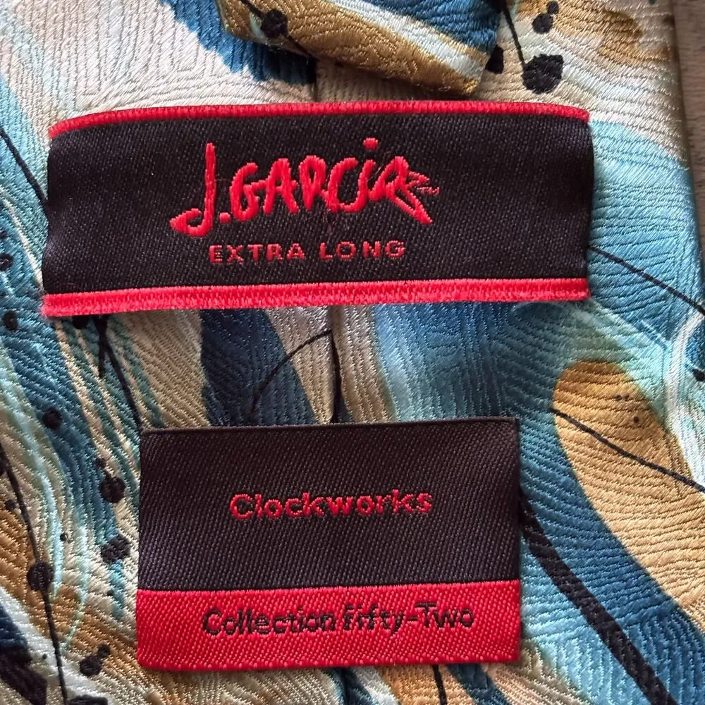 J. Garcia Extra Long 100% Silk Abstract Blue Gold Men's Neck Tie Clockworks